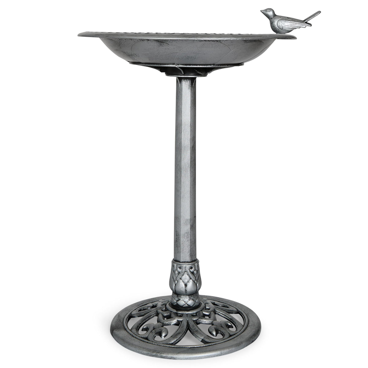 Backyard Expressions birdbath in silver adds durable garden elegance and attracts birds.