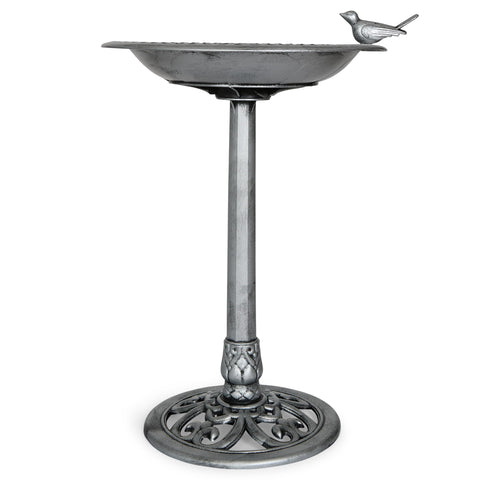Backyard Expressions birdbath in silver adds durable garden elegance and attracts birds.
