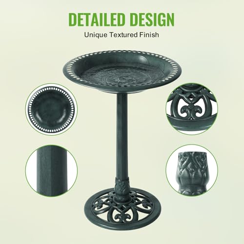 Backyard Expressions weather-resistant bird bath resists rain and sun.