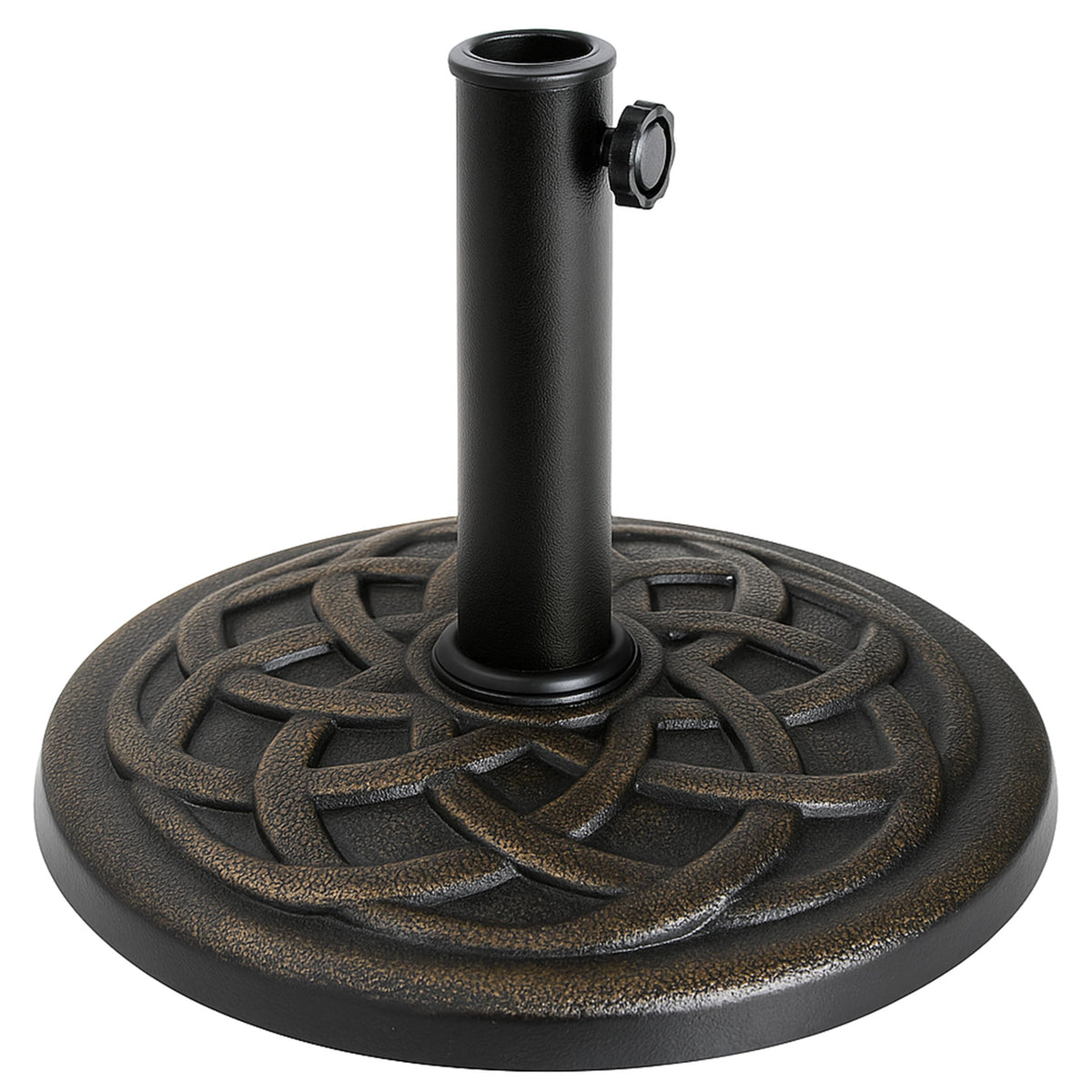 Backyard Expressions bronze umbrella base closeup showing interlocking rings for secure shade setups