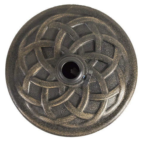 Backyard Expressions bronze umbrella base on deck demonstrating 21 lb weight for stability