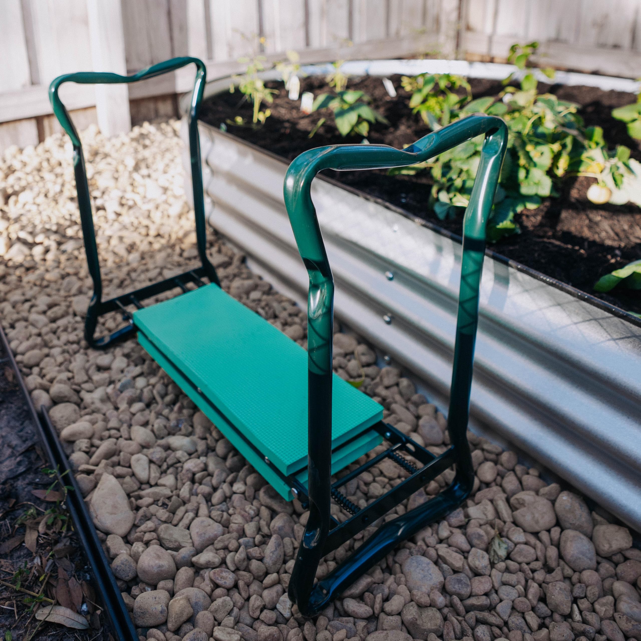 Backyard Expressions Garden Kneeler and Seat ready for storage in a shed or closet.