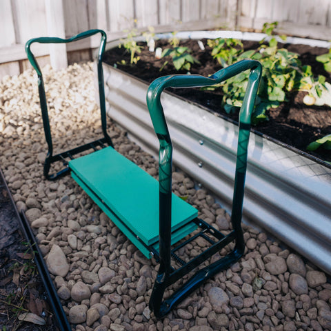 Backyard Expressions Garden Kneeler and Seat ready for storage in a shed or closet.