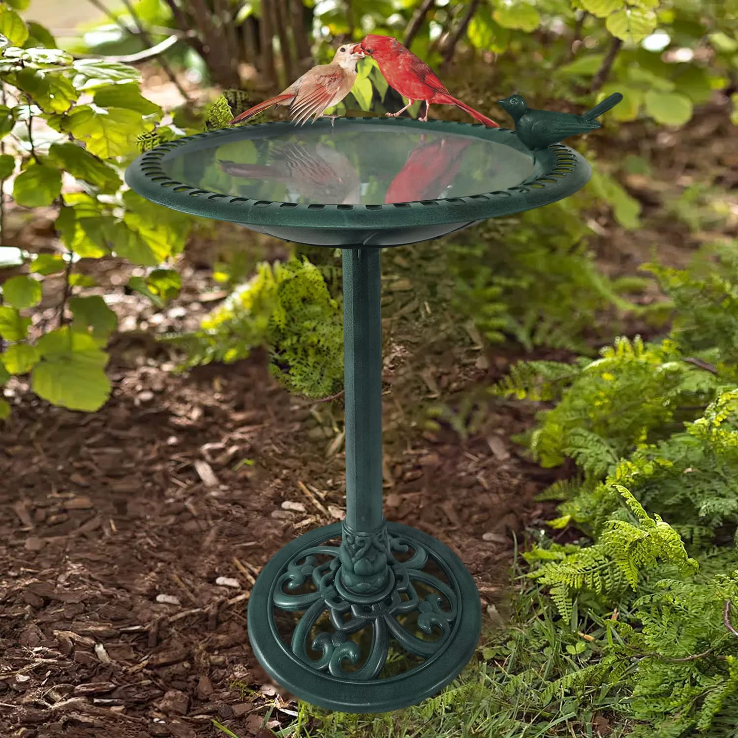 Backyard Expressions bird bath includes ground stakes for stable yard placement