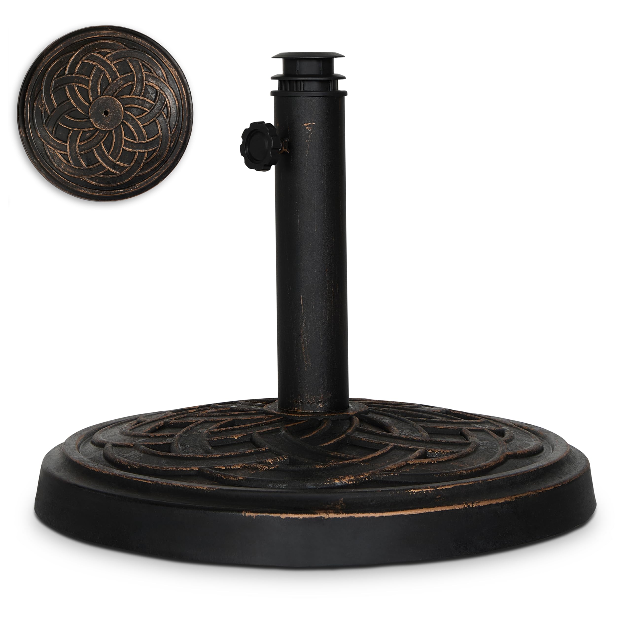 Backyard Expressions heavy-duty umbrella base delivers stable support for breezy days.