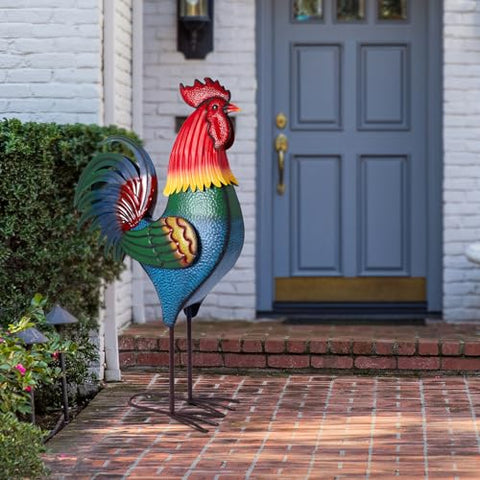 Backyard Expressions metal rooster yard art — durable and colorful outdoor accent.