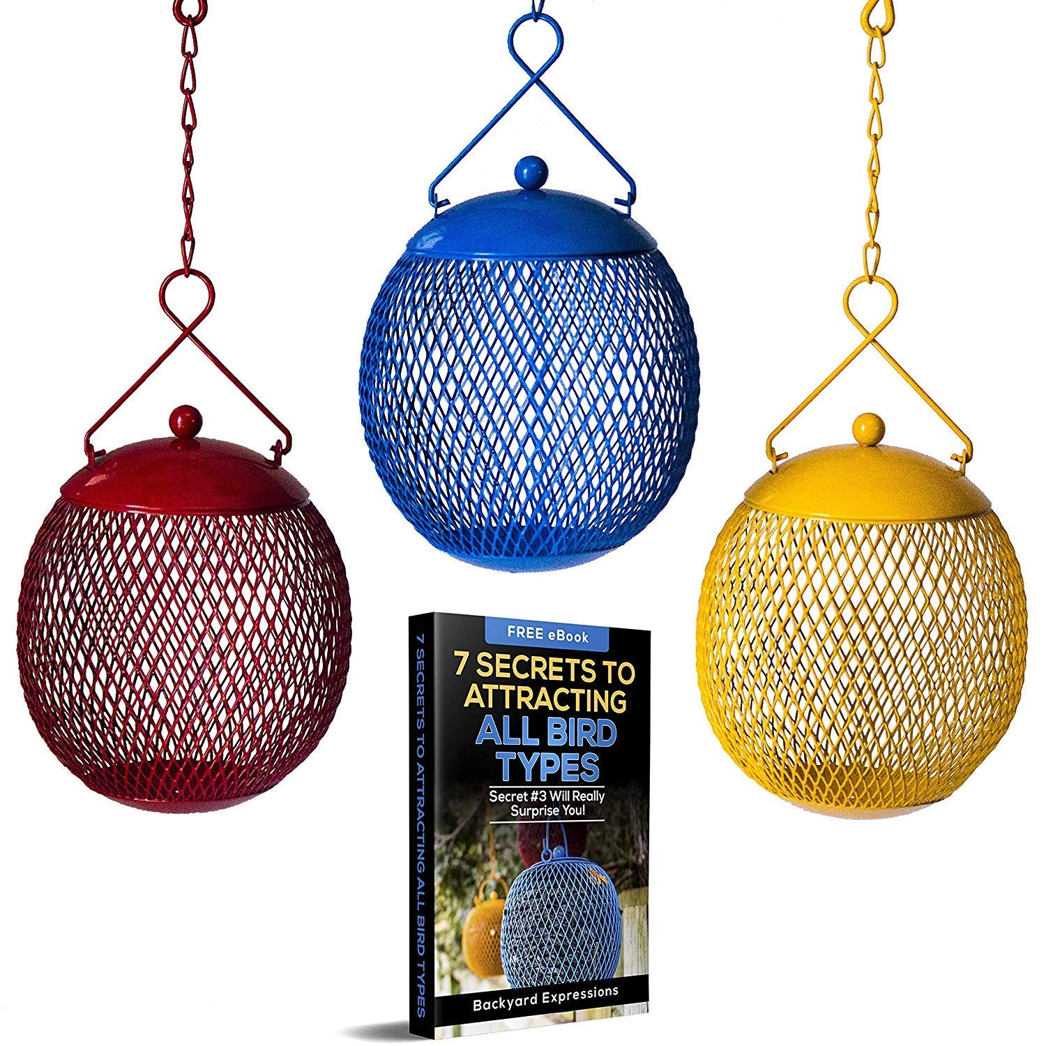 Backyard Expressions set of three bright squirrel-proof feeders attract small birds
