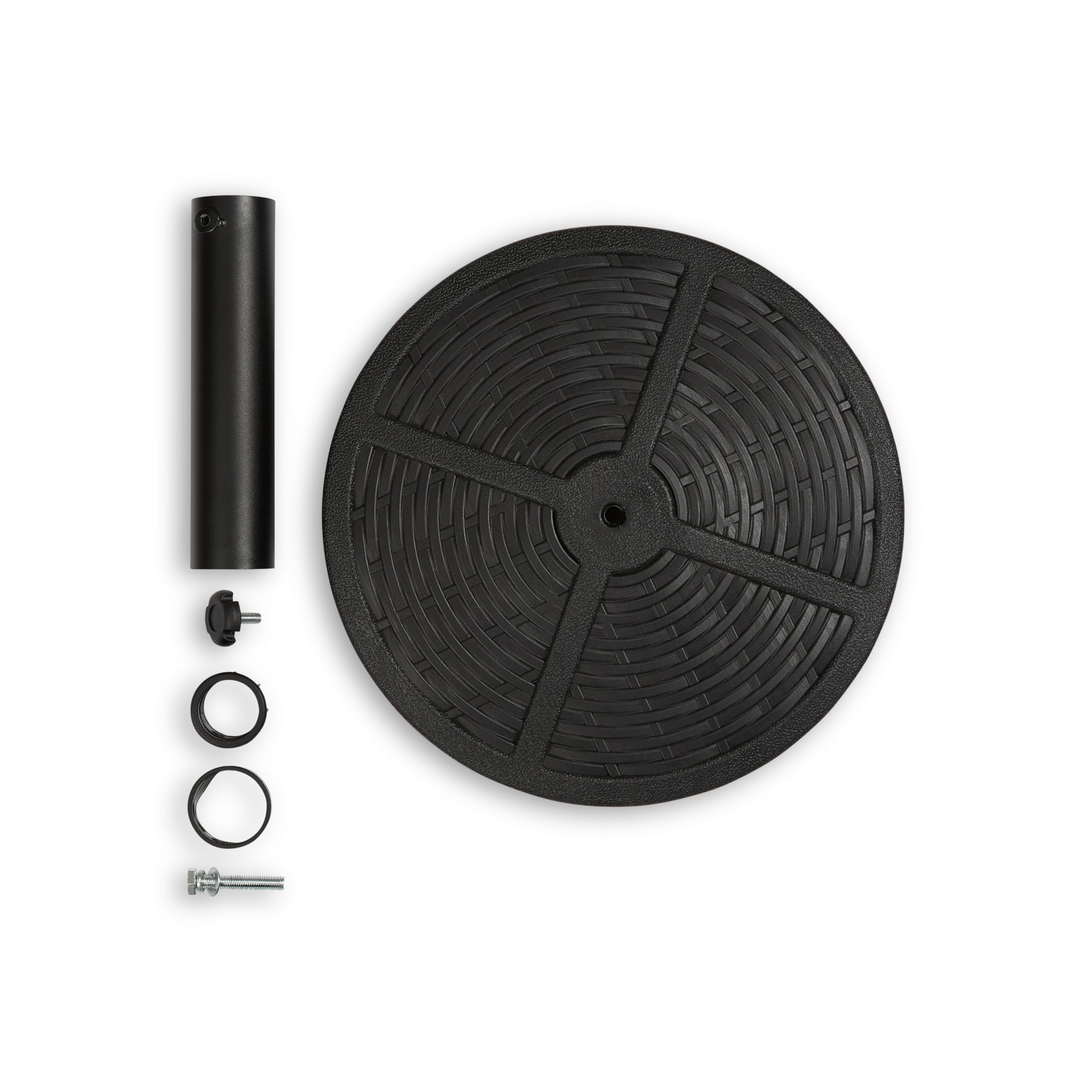 Backyard Expressions umbrella base brushed gray basketweave finish complements decor