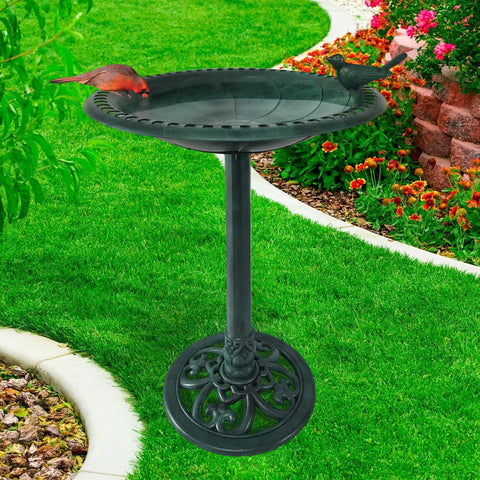 Backyard Expressions 30-inch weather-resistant polyresin bird bath stands outdoors