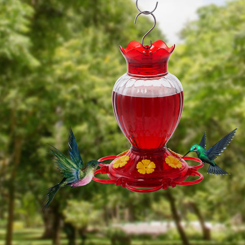 Backyard Expressions clear glass hummingbird feeder lets you watch visitors sip nectar.