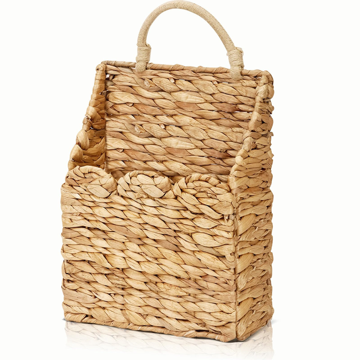 Badashun wicker hanging basket with scalloped edge enhances rustic wall decor for flowers or magazines.