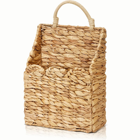 Badashun wicker hanging basket with scalloped edge enhances rustic wall decor for flowers or magazines.