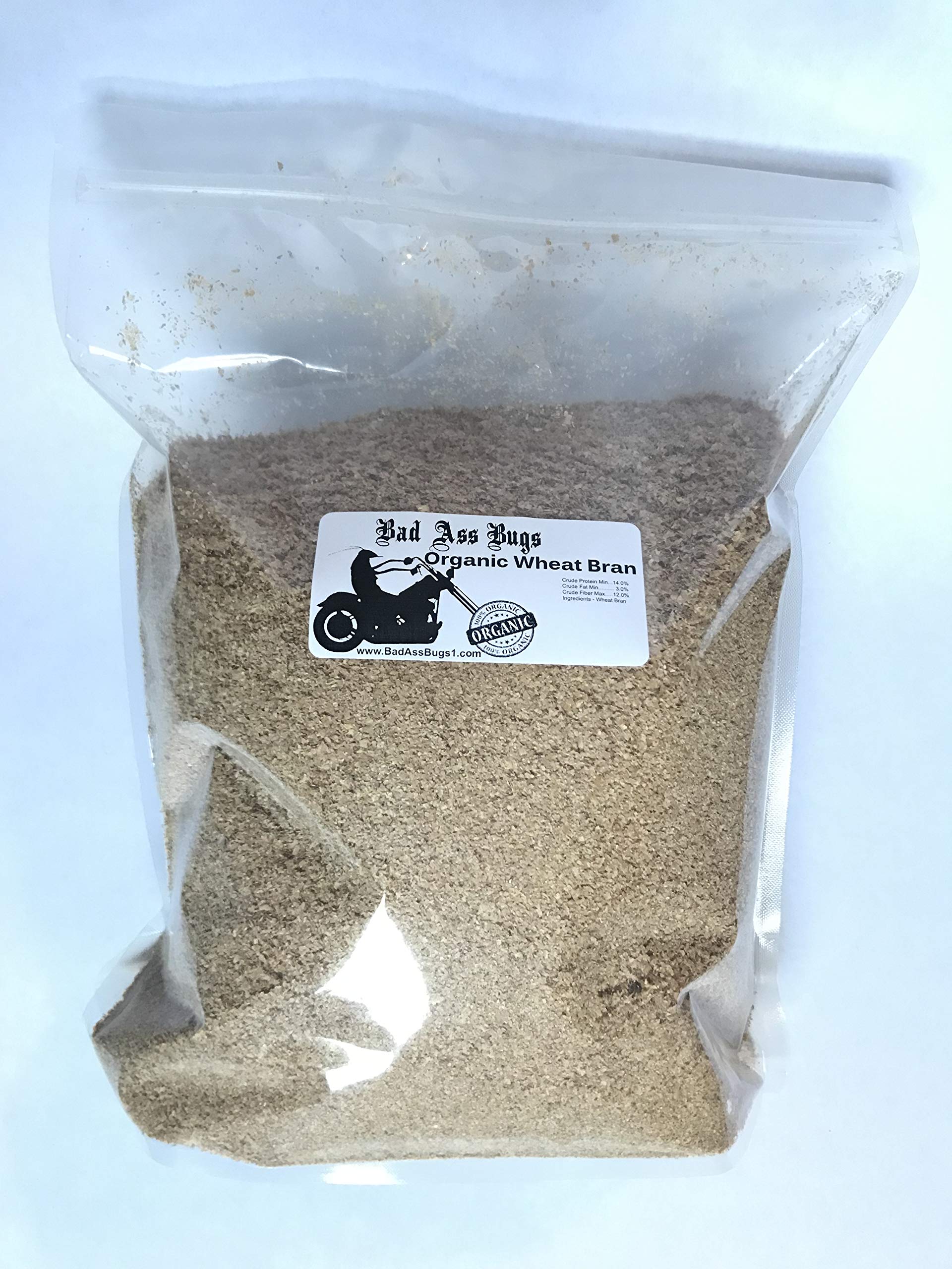Organic BadAssBugs wheat bran bedding label confirms no additives