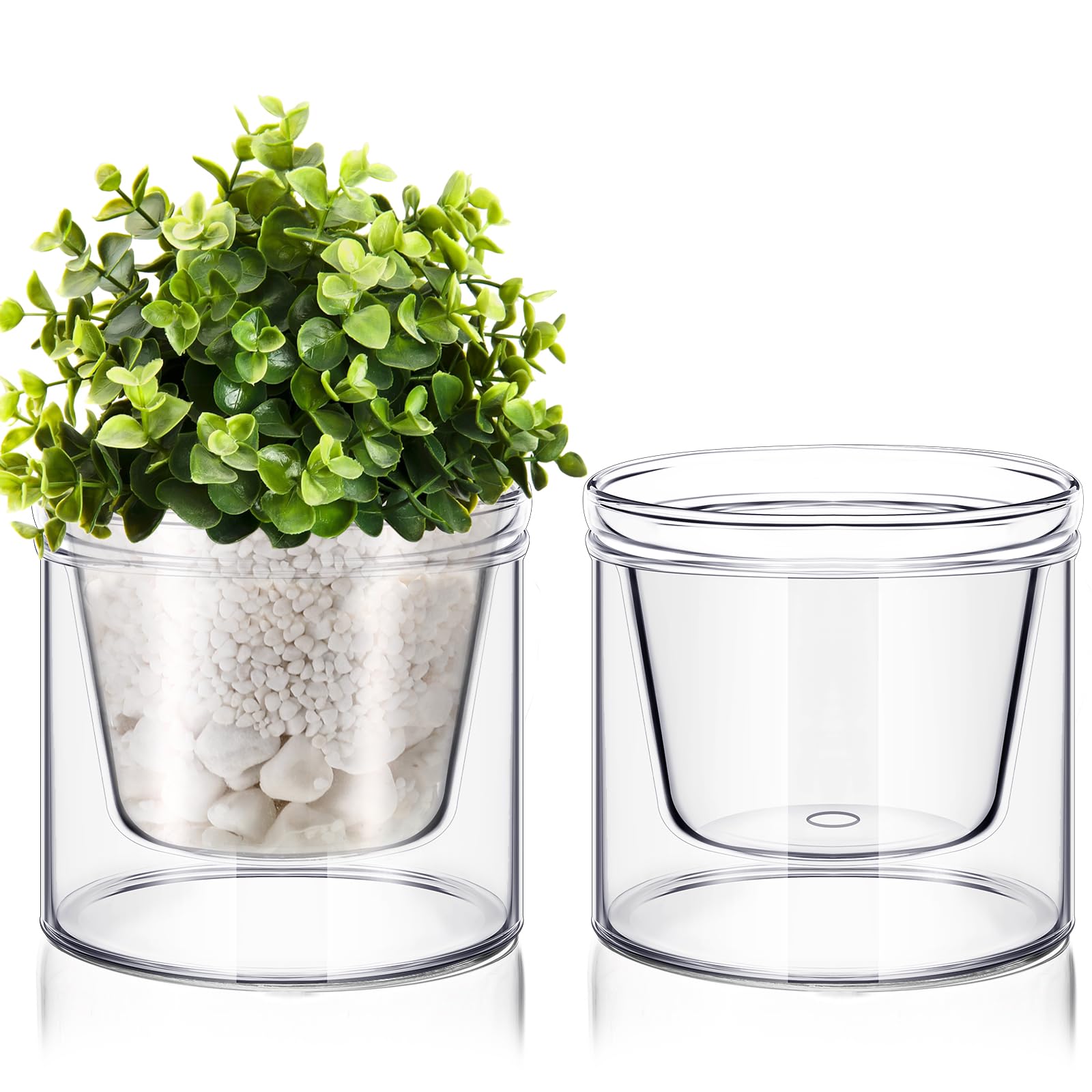 Baderke self-watering pots in clear glass enable easy moisture observation.
