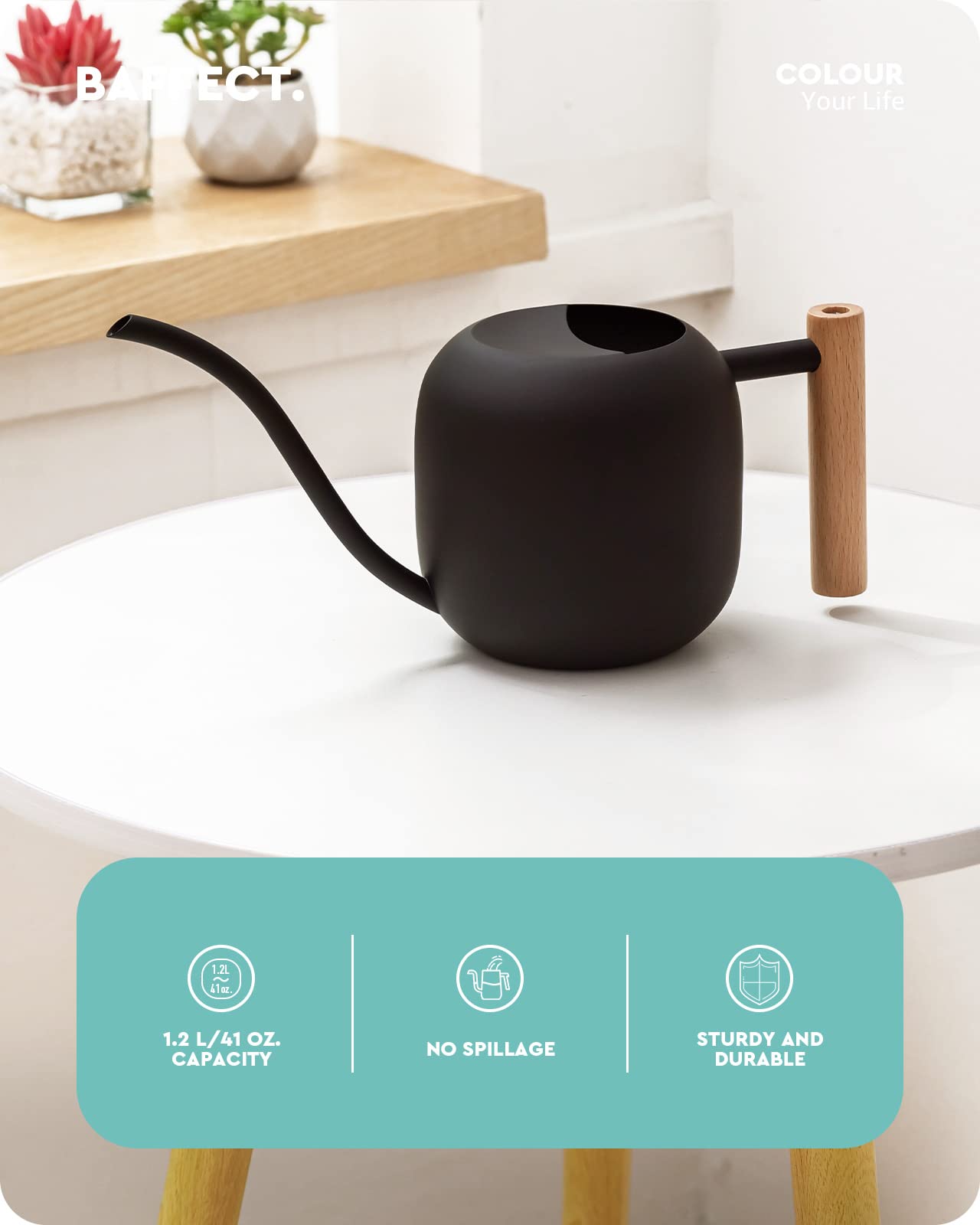 Baffect long-spout watering can provides precise reach for roots and hanging plants.