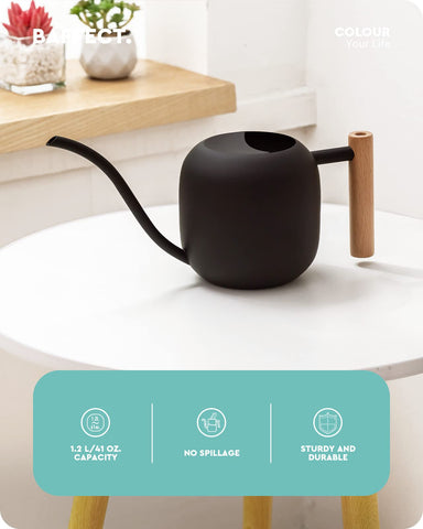 Baffect long-spout watering can provides precise reach for roots and hanging plants.