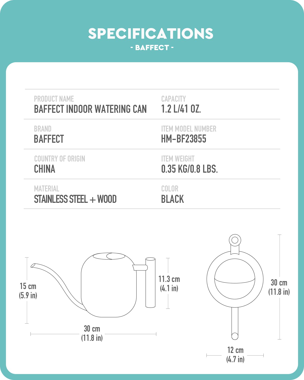 Baffect wooden-handle design offers comfortable grip during watering.