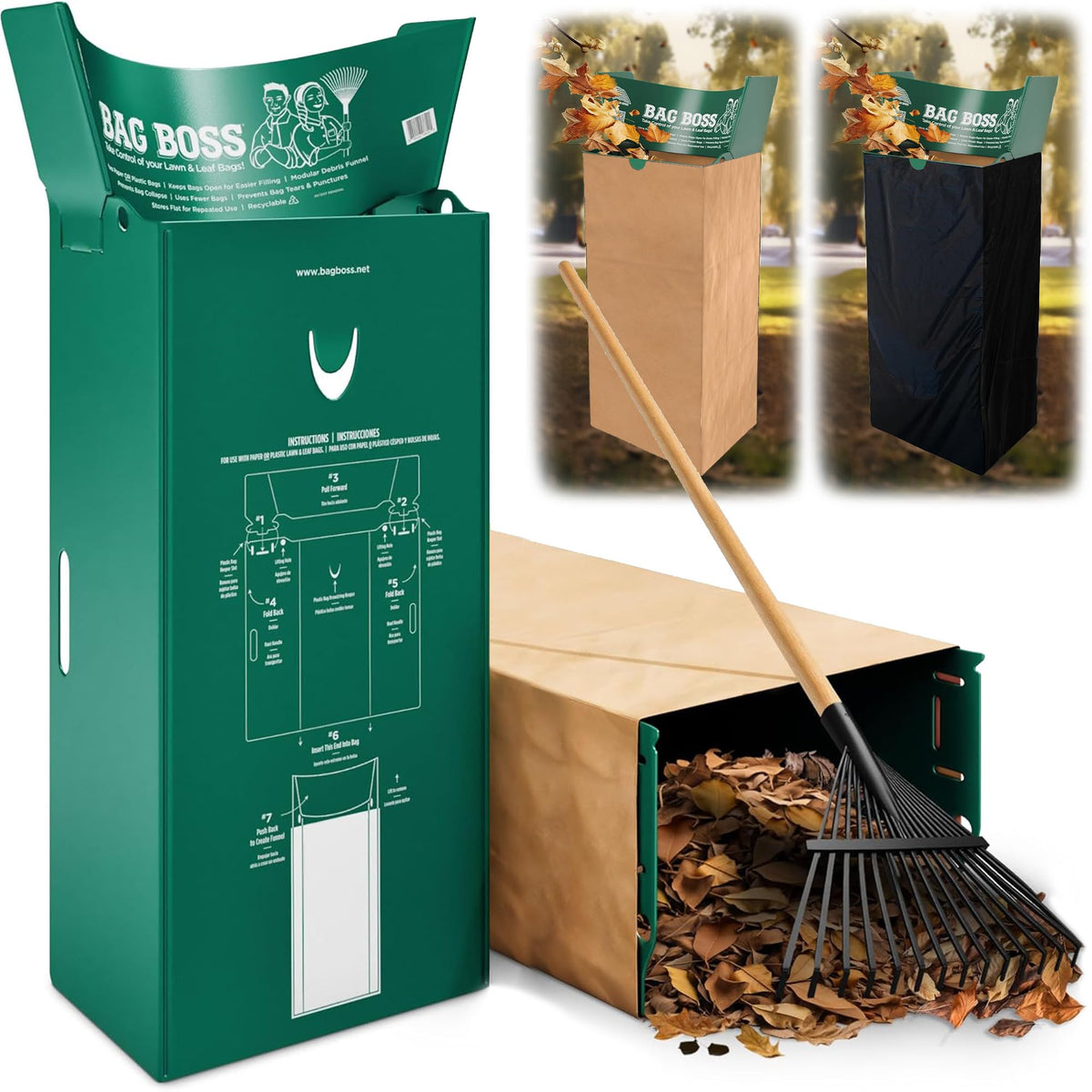 Bag Boss lawn bag holder folded for compact storage.
