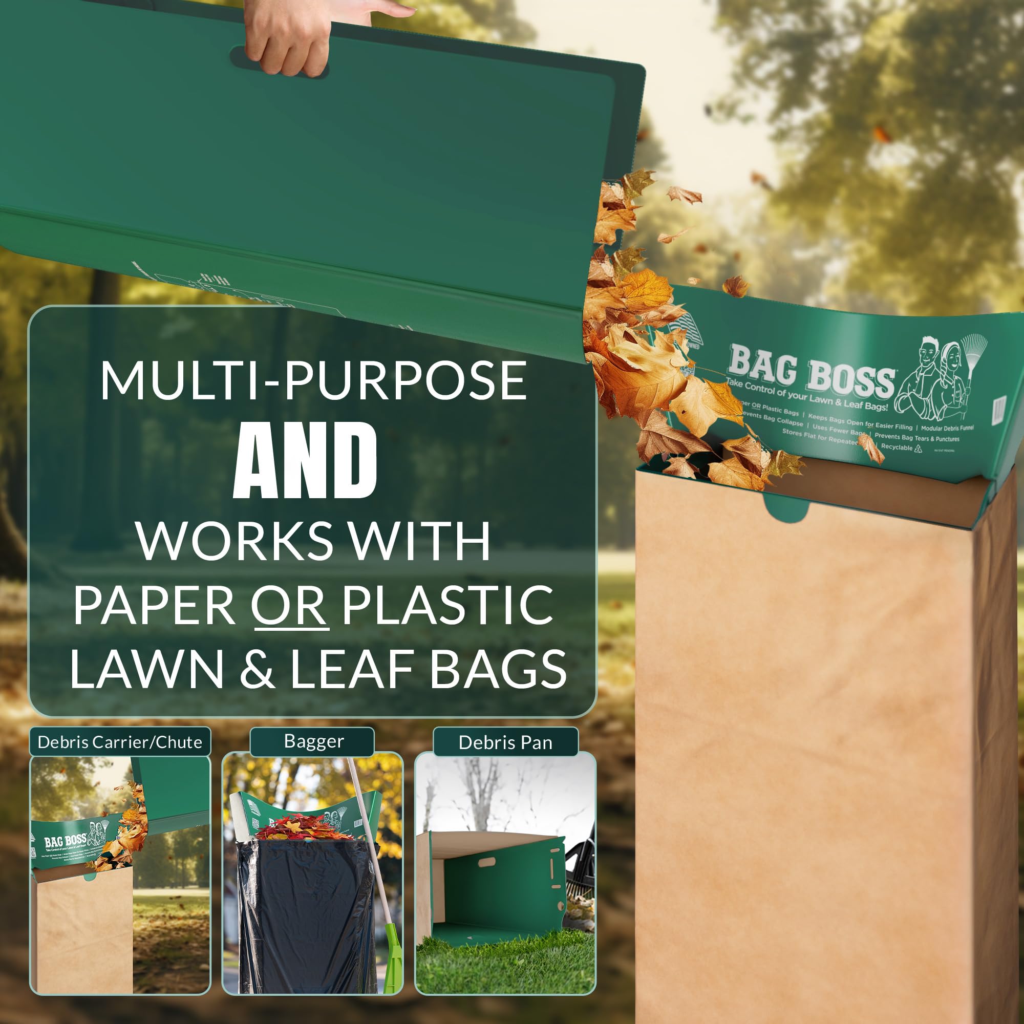 Bag Boss leaf scoop in action, gathering leaves efficiently.