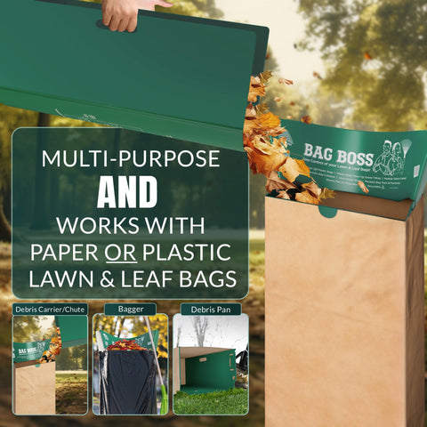 Bag Boss leaf scoop in action, gathering leaves efficiently.