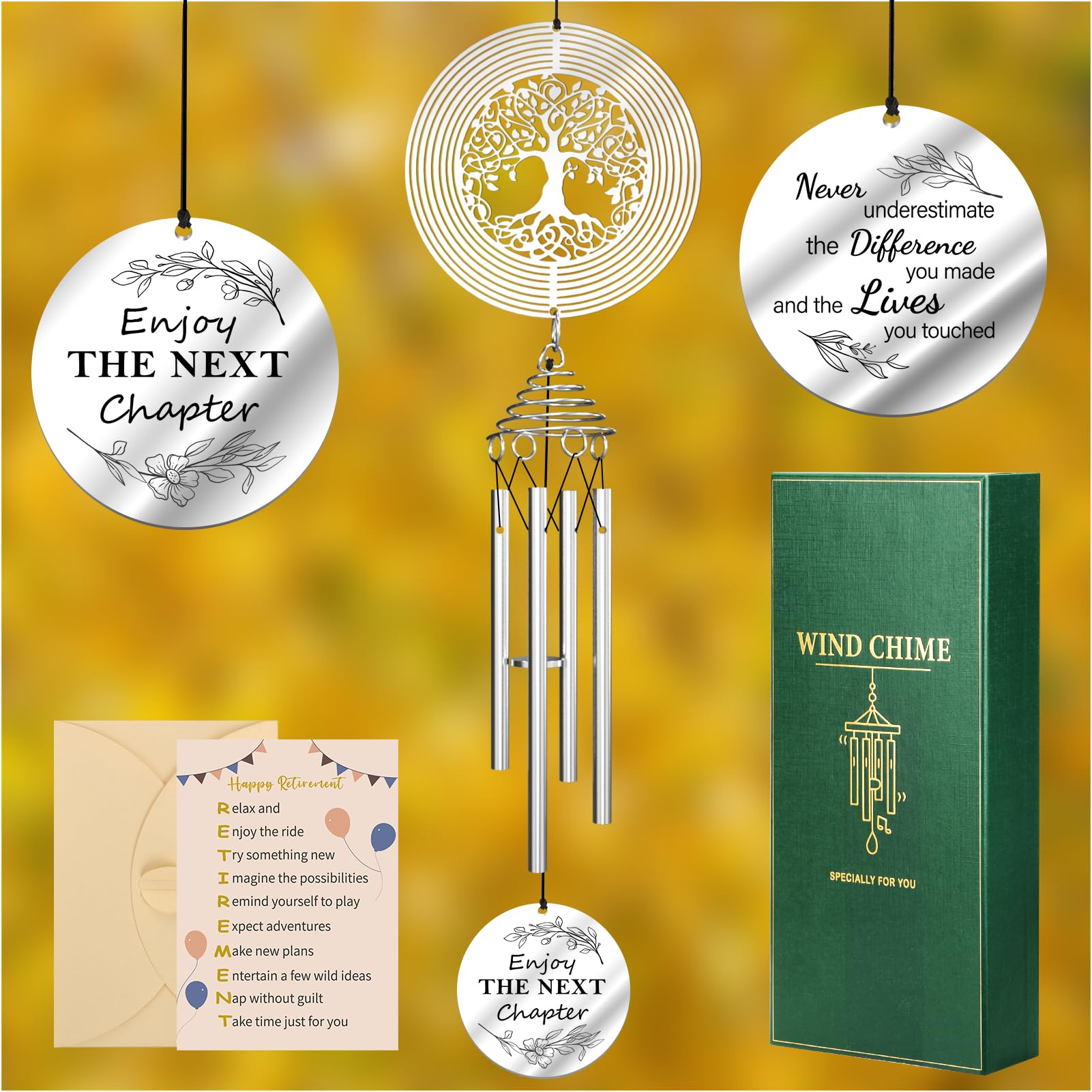 Baicai wind chimes with Tree of Life spinner for garden decor.
