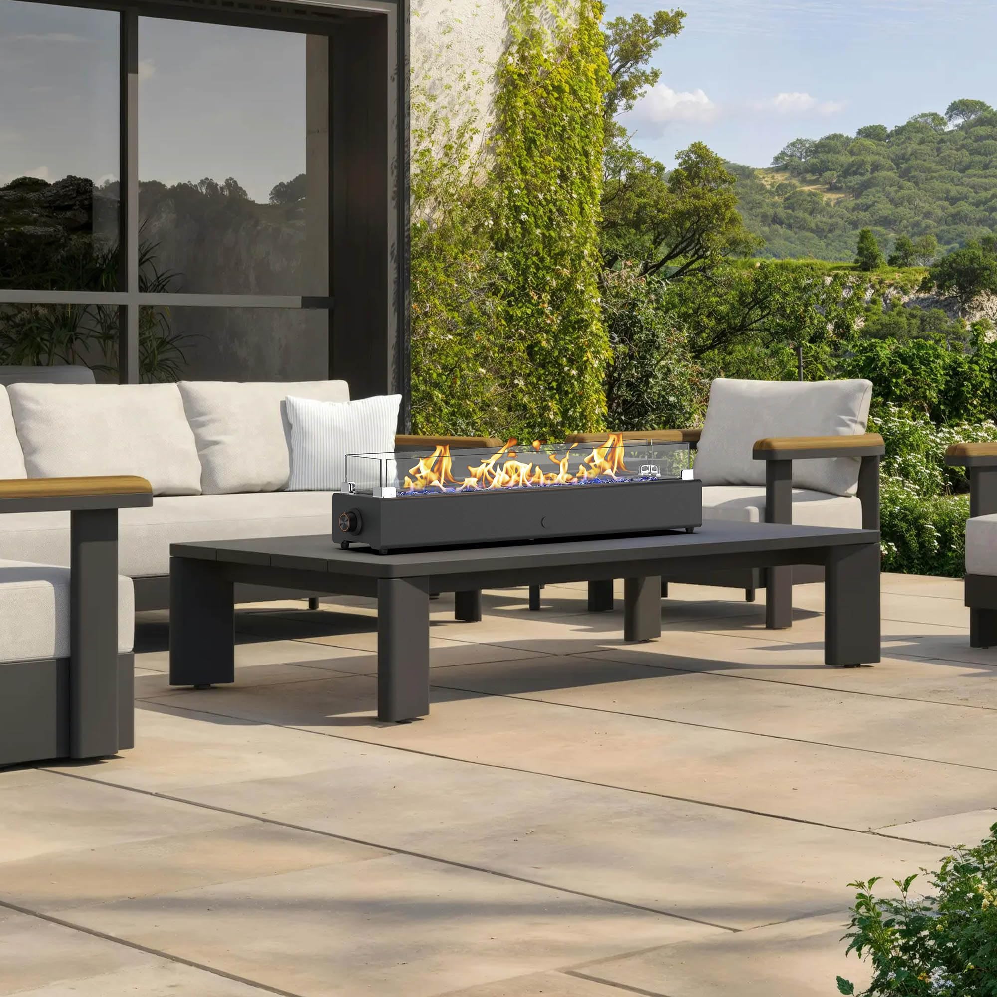 BAIDE HOME 36-inch tabletop fire pit side view showing compact footprint for tables.