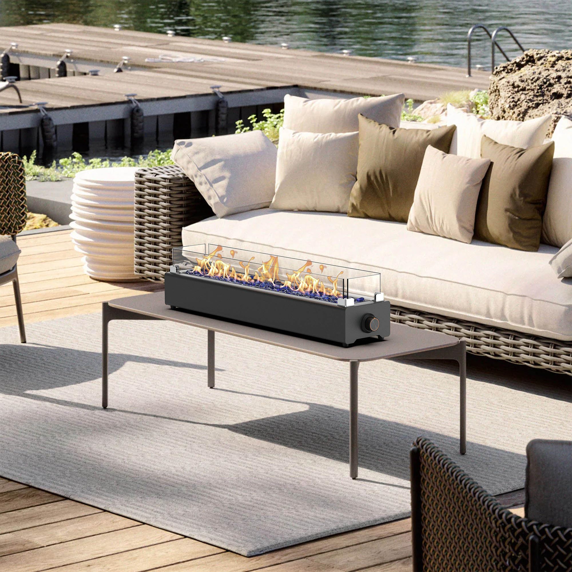 BAIDE HOME decorative glass rocks and flame detail for ambiance.