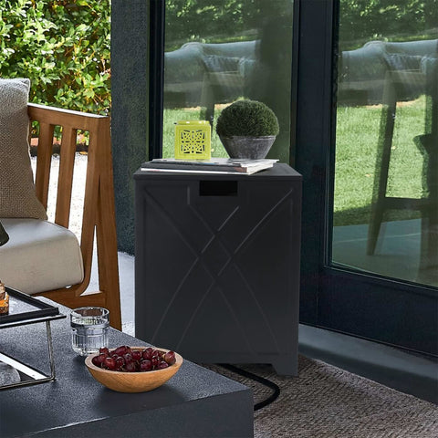 BAIDE HOME propane tank cover side table with open lid doubles as an outdoor coffee spot.