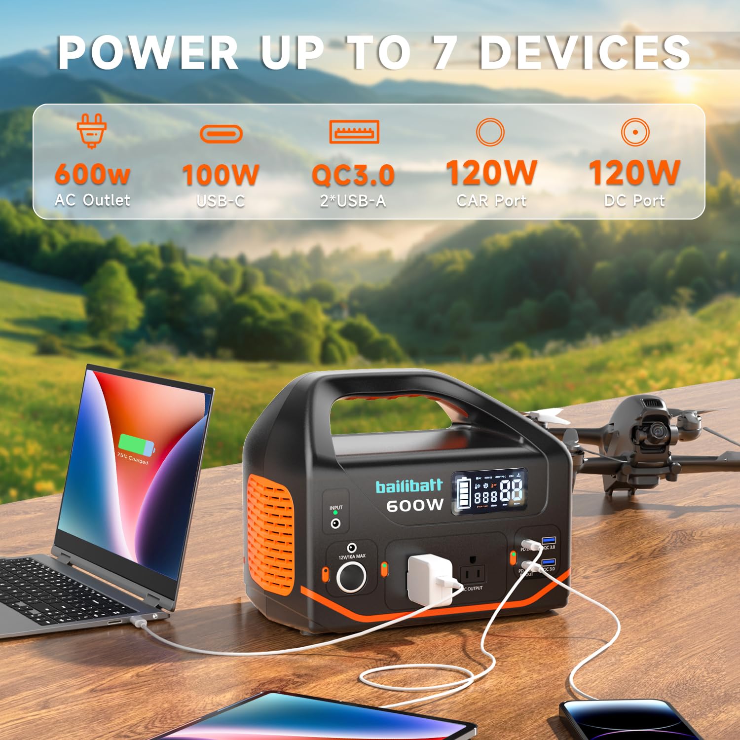 Bailibatt USB-C PD 100W port charges a laptop quickly on the go