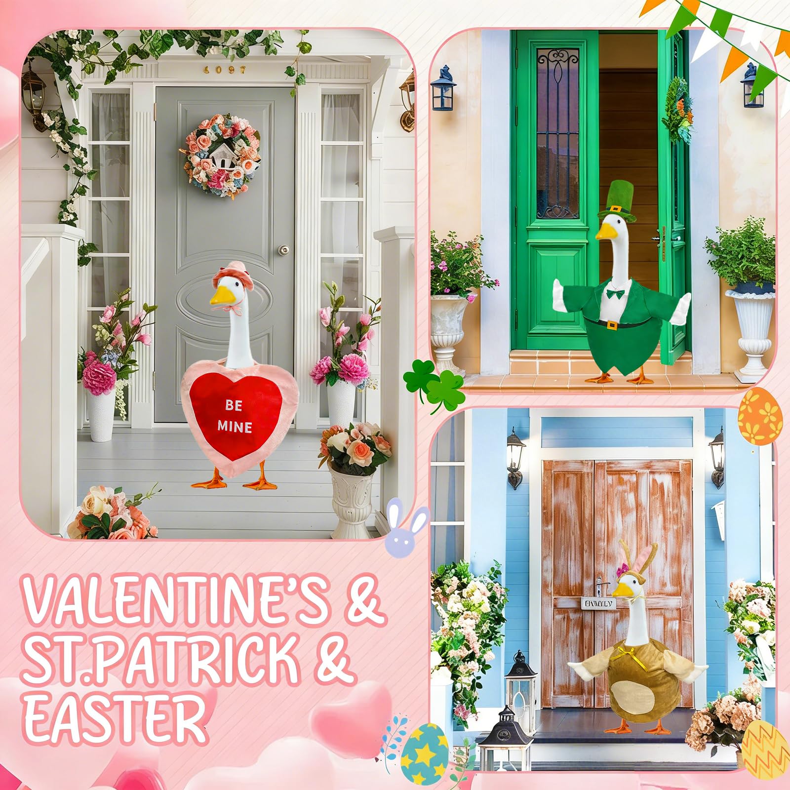 Bailiyake Easter goose outfit adds colorful spring vibes to outdoor statue.