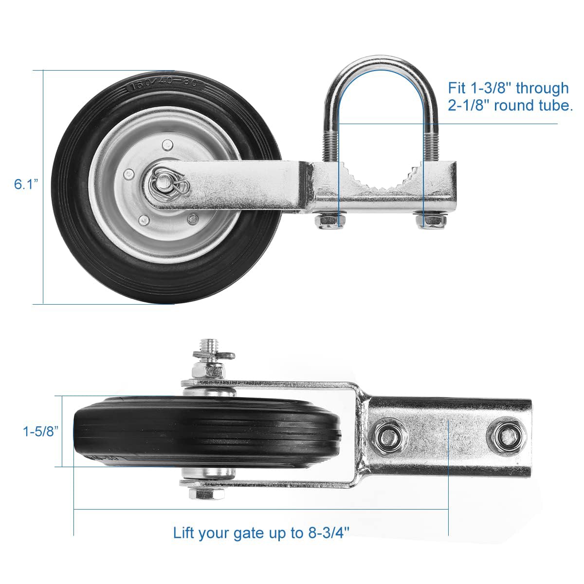 Bailoo gate wheel with adjustable fit range on a gate frame
