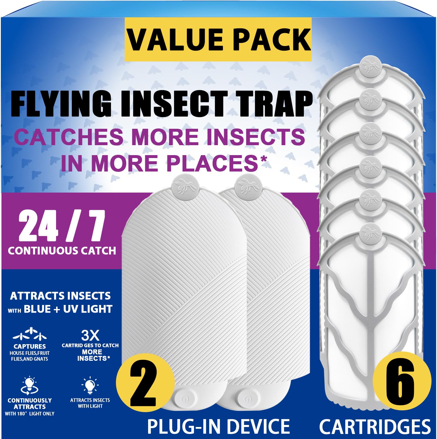BAIMNOCM Flying Insect Trap with dual UV lights and glue cartridge for silent capture.