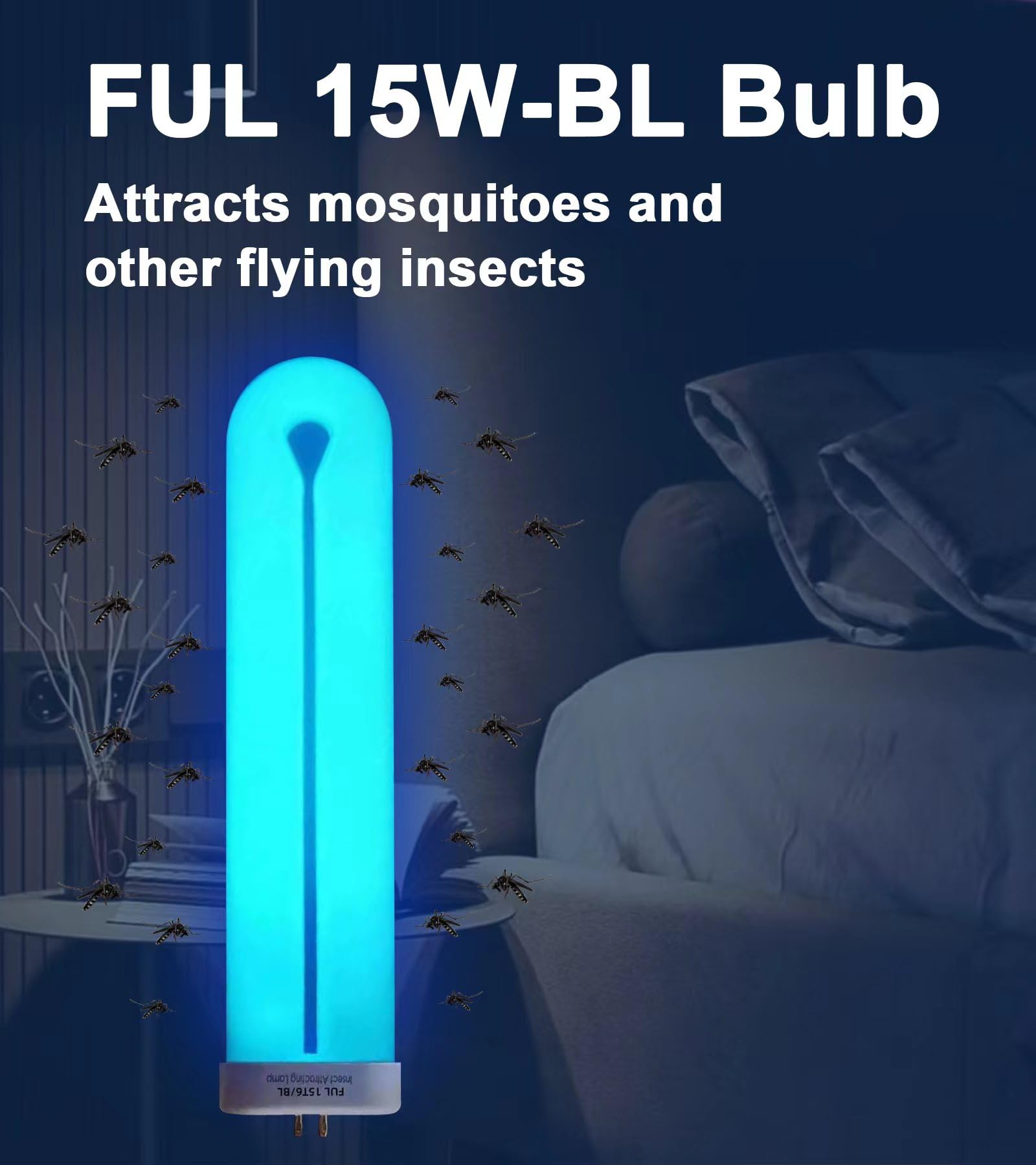 BAIMNOCM FUL15-BL 365nm blue light illustration, attracts flying insects for trapping.