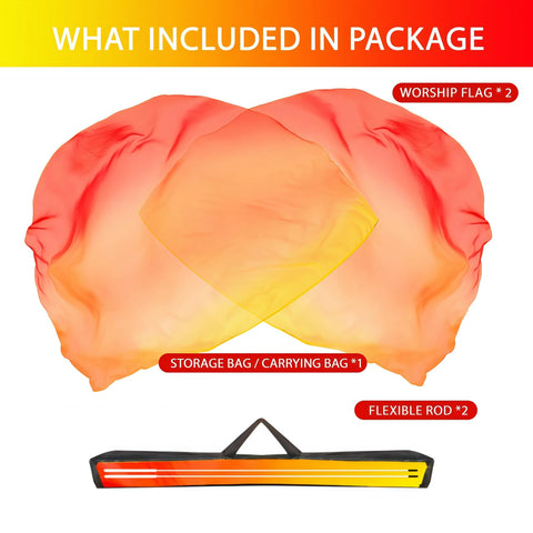 Baisdan dance flags in yellow-orange-red shimmer with flowing chiffon for stage presence.