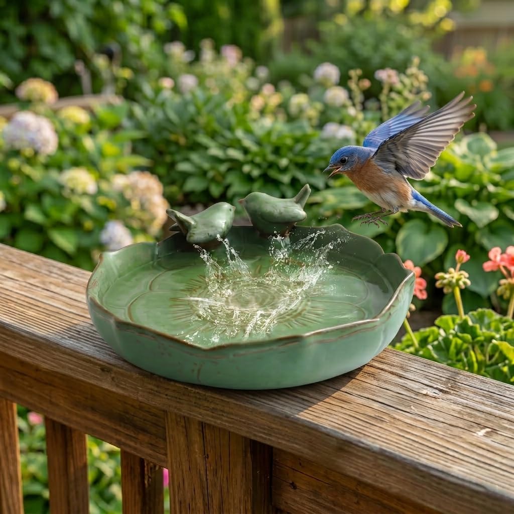 Bakayoyo bird water feeder shown in a garden setting for safe drinking.