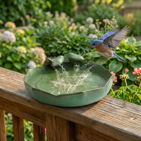 Bakayoyo bird water feeder shown in a garden setting for safe drinking.