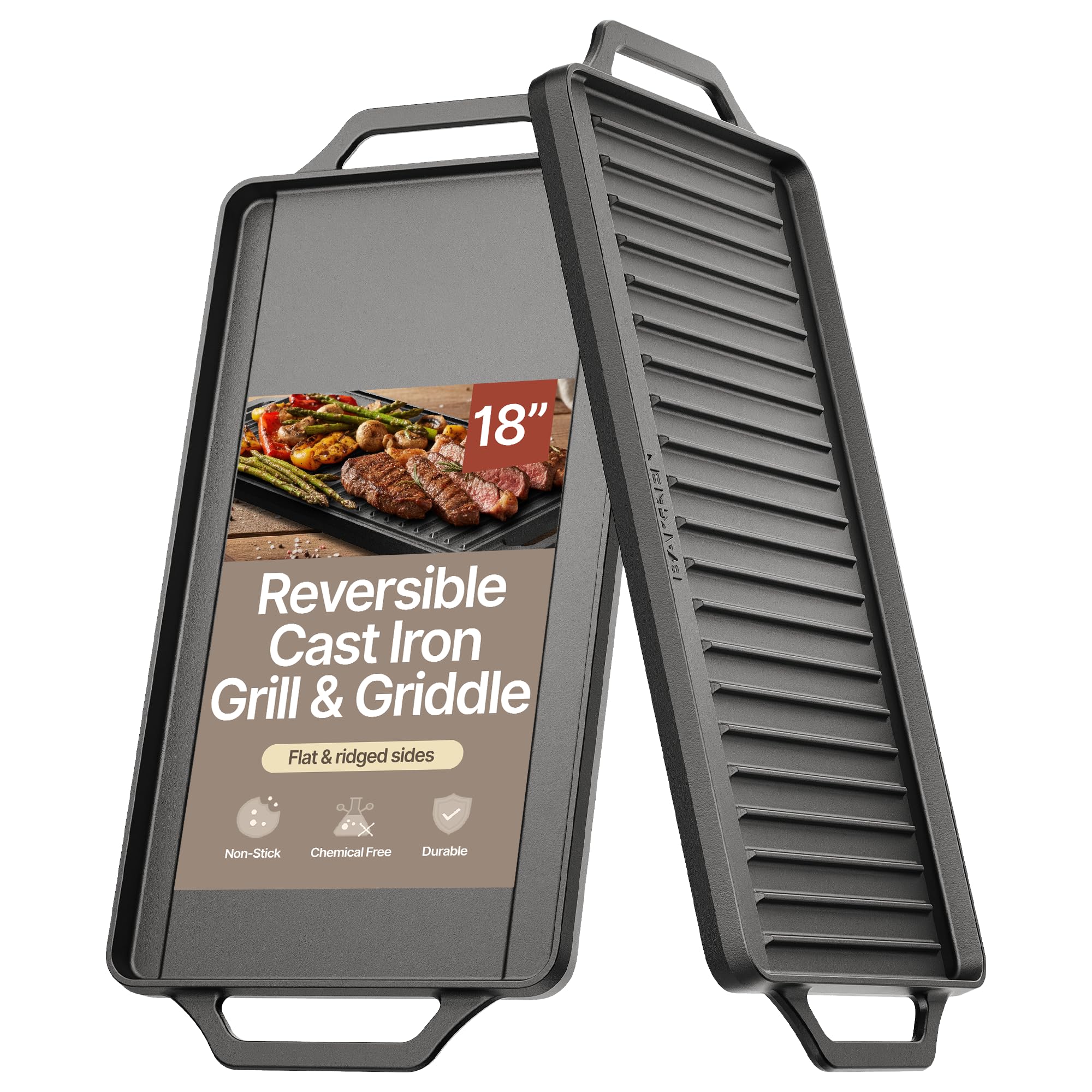 BakkenMaster 18-inch griddle flat side ready for pancakes and eggs, with even heat distribution.