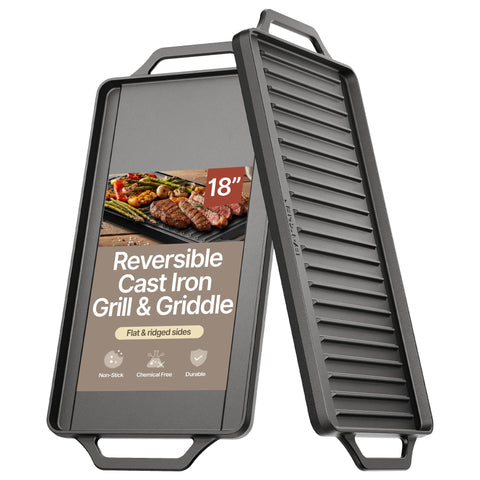 BakkenMaster 18-inch griddle flat side ready for pancakes and eggs, with even heat distribution.