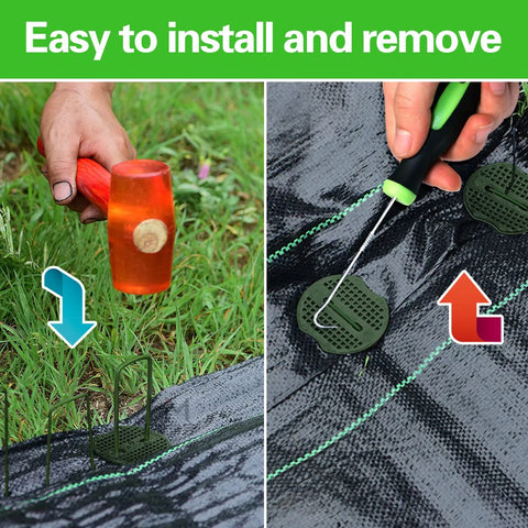 Bakulyor weed barrier setup shows stakes securing fabric edge.