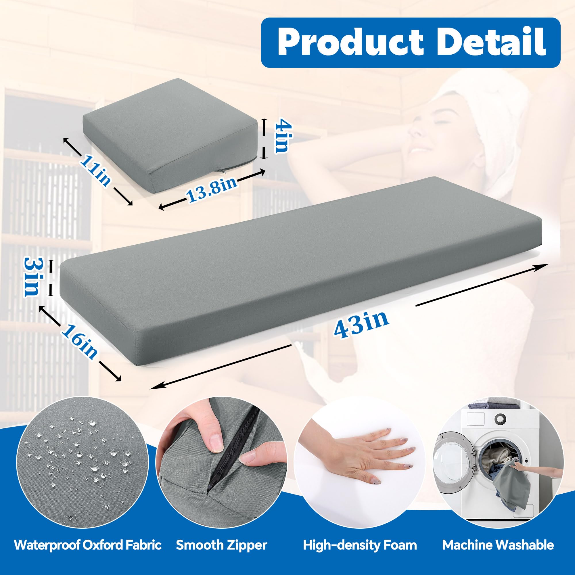 BALAPET cushion gray, side view demonstrating ergonomic back support for relaxation in heat rooms.