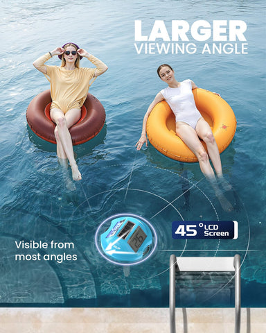 Baldr thermometer angled at 45 degrees for glare-free visibility by the pool