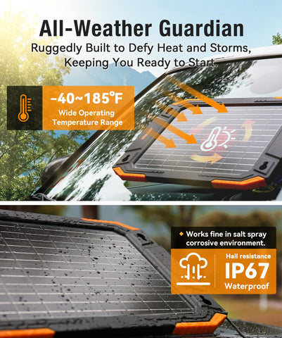 Baldr solar charger keeps boat battery charged under open sky.