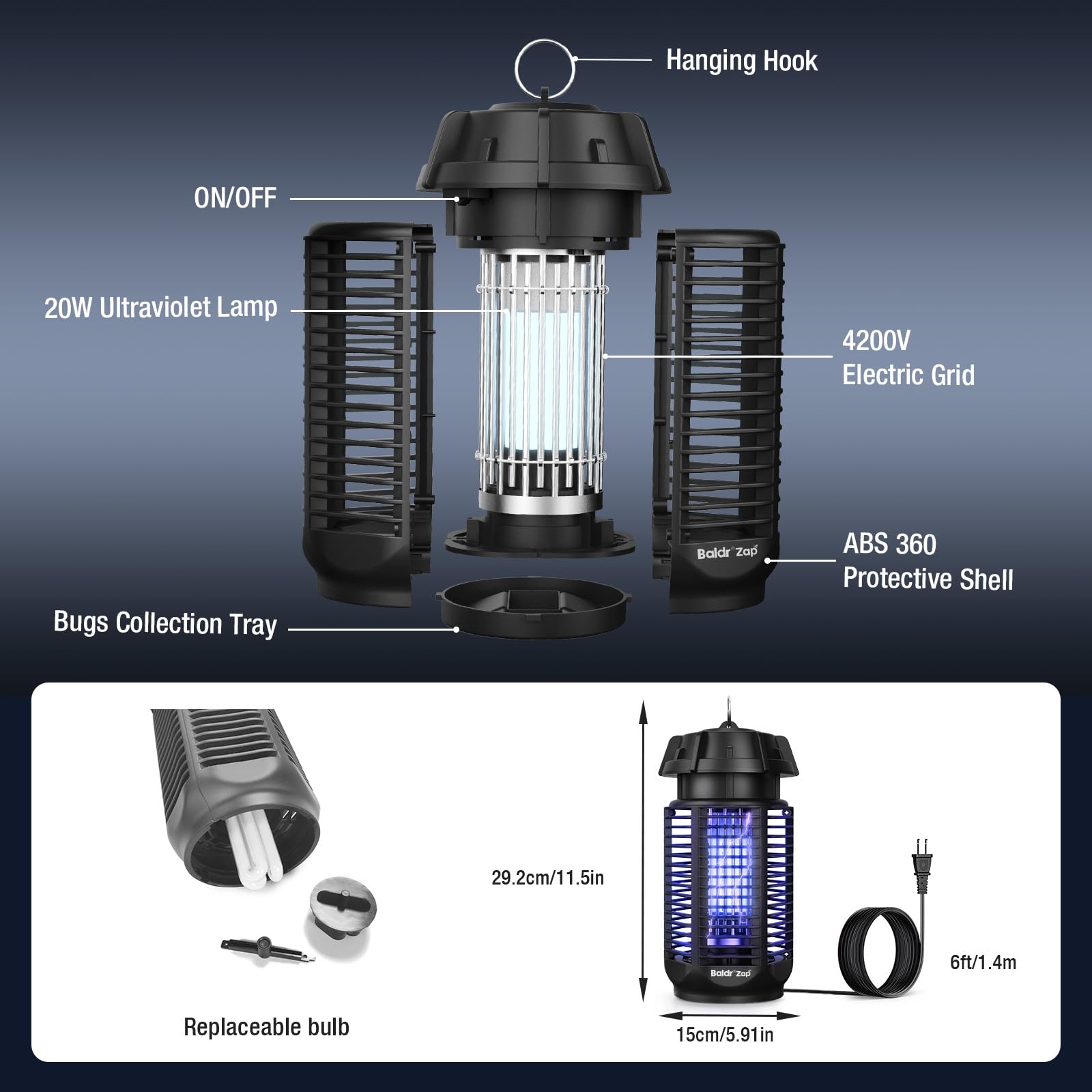 Baldr Bug Zapper replaceable UV bulb for long-term protection