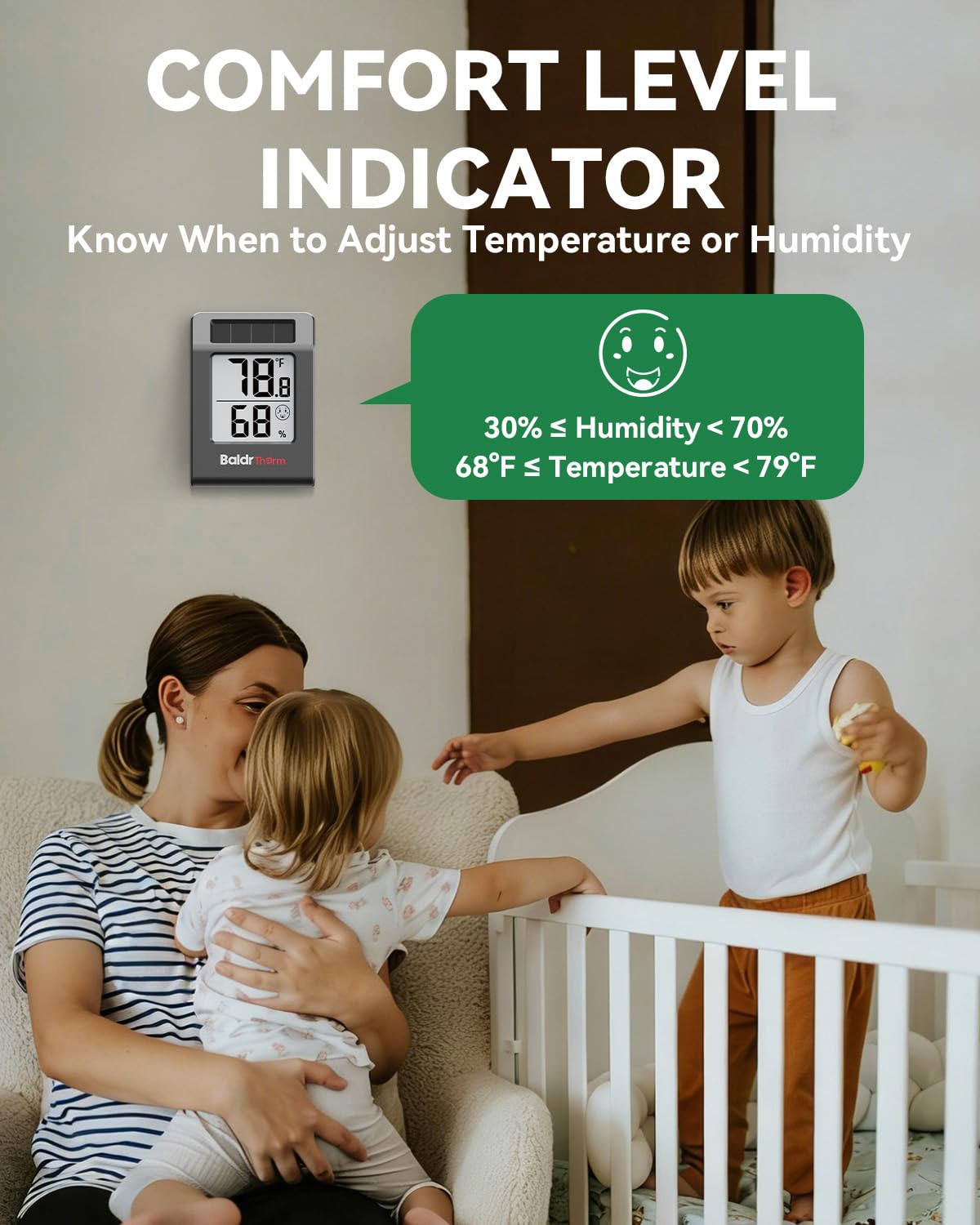 BALDR comfort indicator shows dry, comfortable, or humid air at a glance.