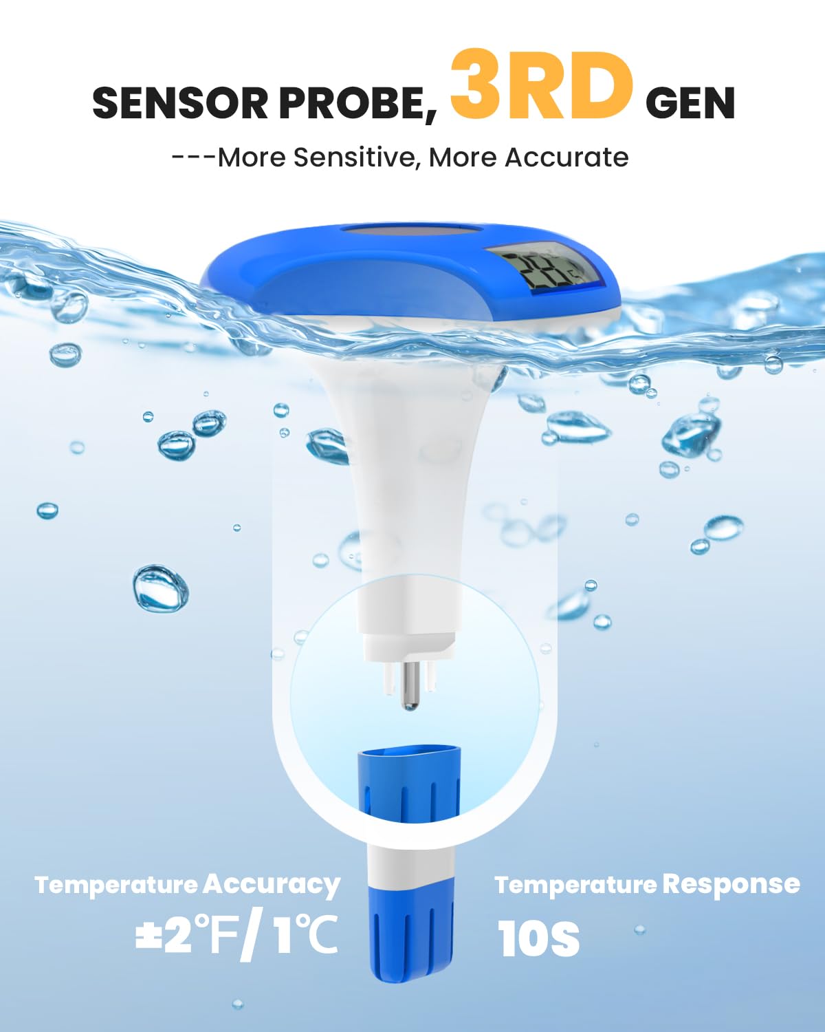 Baldr dark-blue floating thermometer delivers easy surface temperature checks.