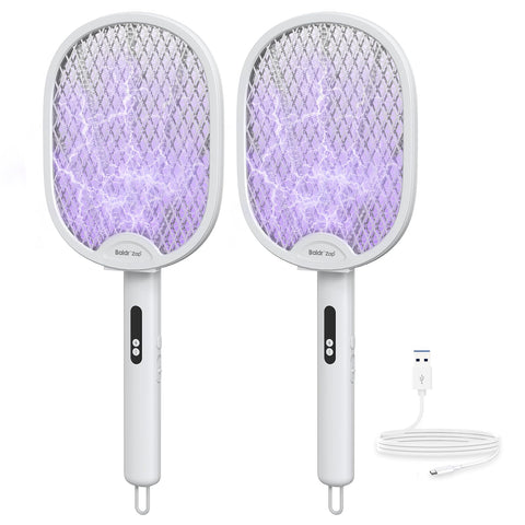 Baldr electric fly swatter racket front view showing foldable design for easy storage.