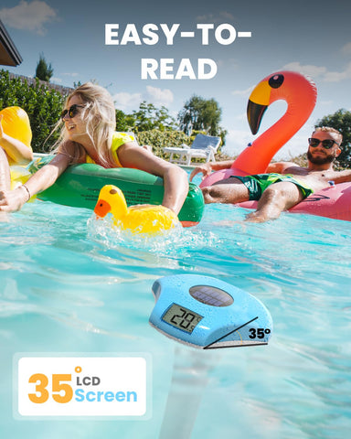 Baldr solar panel powers the pool thermometer under daylight.