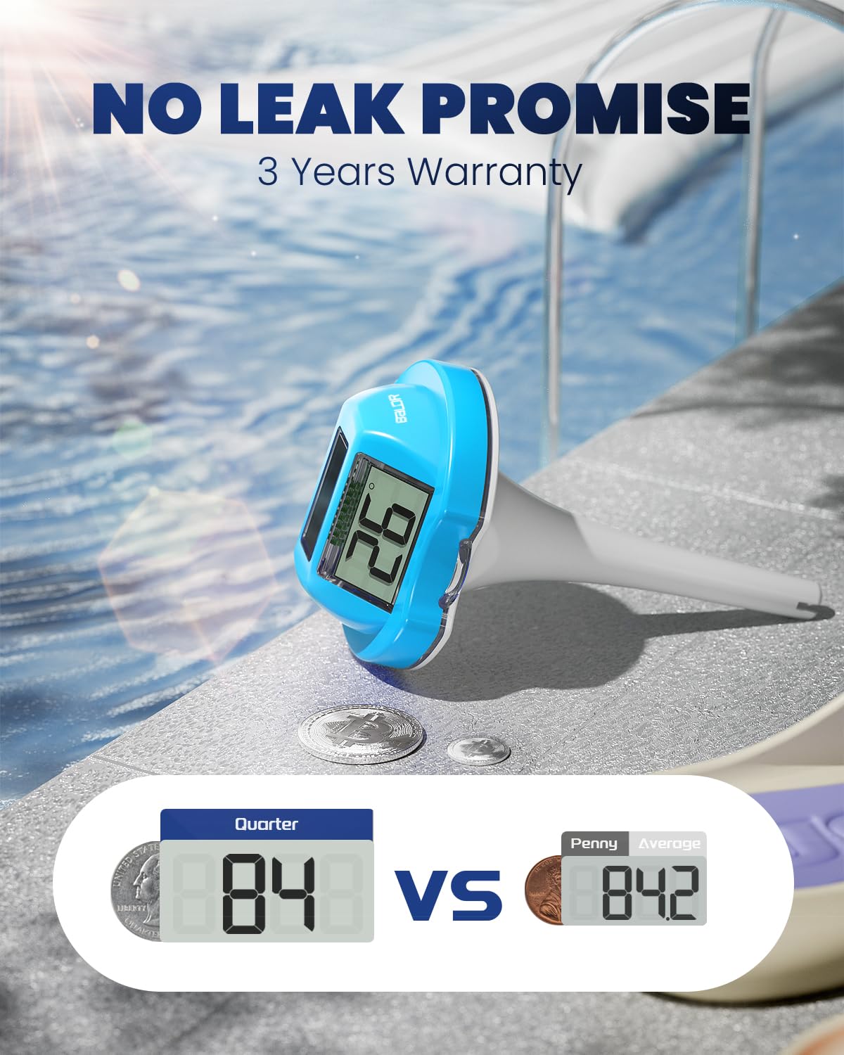 Baldr pool thermometer displays on dual screens for easy poolside viewing
