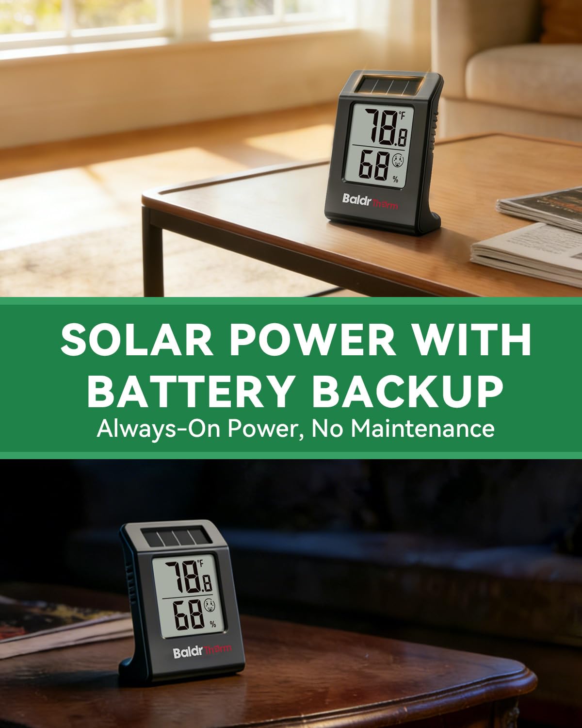 BALDR precision temperature and humidity display for accurate room monitoring.