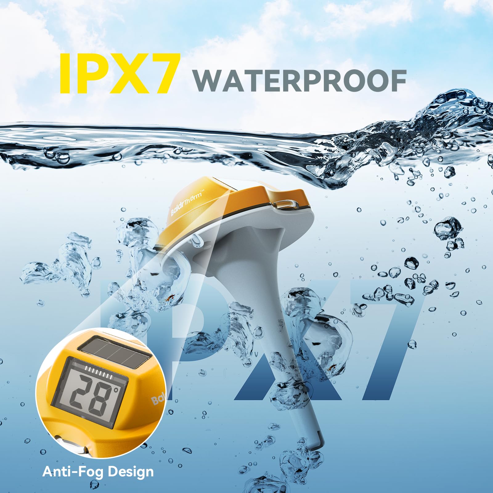 BaldrTherm anti-fog pool thermometer — clear readouts in steamy spa or hot tub.